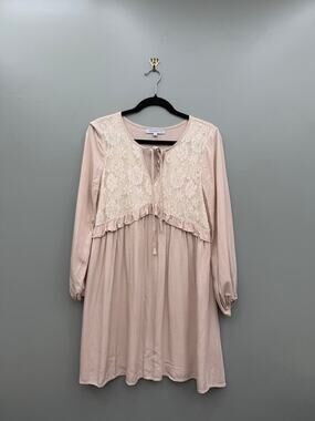 Miss Sparkling Lace Trim Babydoll Mini Dress Beige Boho Size S